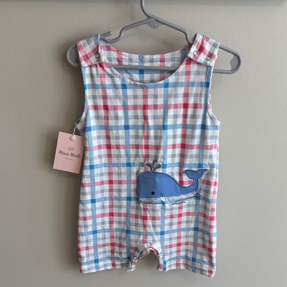 NEW Marie Nicole 12-18 month Plaid Baby Romper with Whale Design